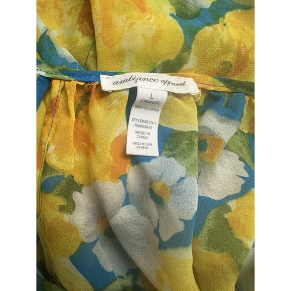 Ambiance Apparel Blouse Women's L Blue & Yellow Floral Semi Sheer Long Sleeve - Picture 6 of 6